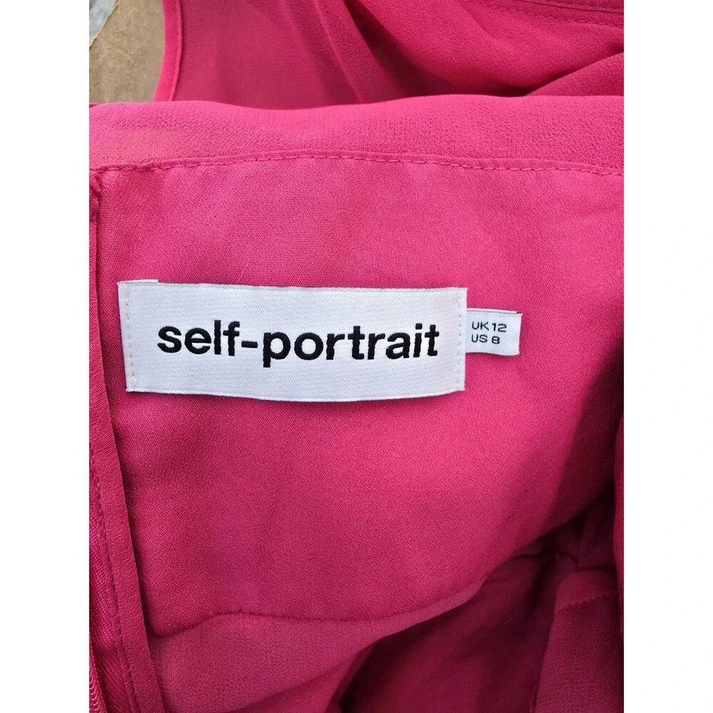 Self-Portrait Fuchsia Pink Chiffon Ruffle Lace Midi Dress Long Sleeve US 8 UK 12